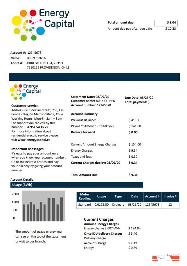 Chile Energy Capital utility bill